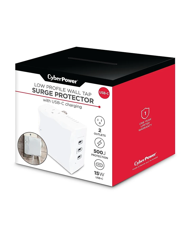 CyberPower P2WUC3 2-Outlet Home/Office Wall-Tap Surge Protector with 3x Usb-c Port, White