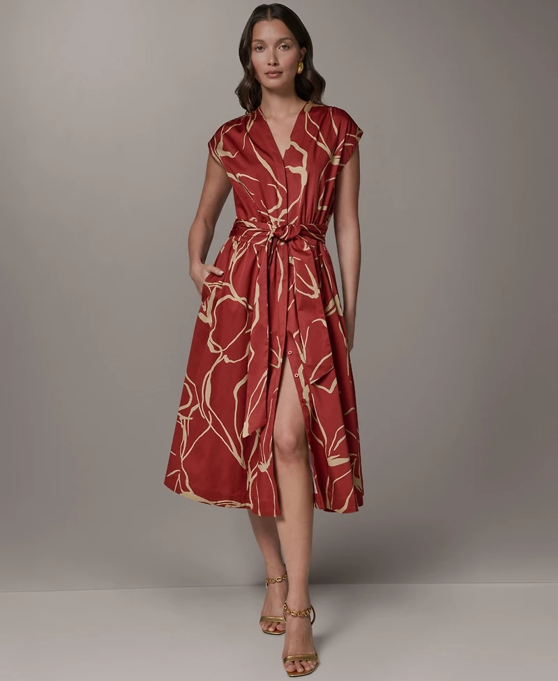 Donna Karan New York Women's Printed Tie Belt V-Neck Midi Dress