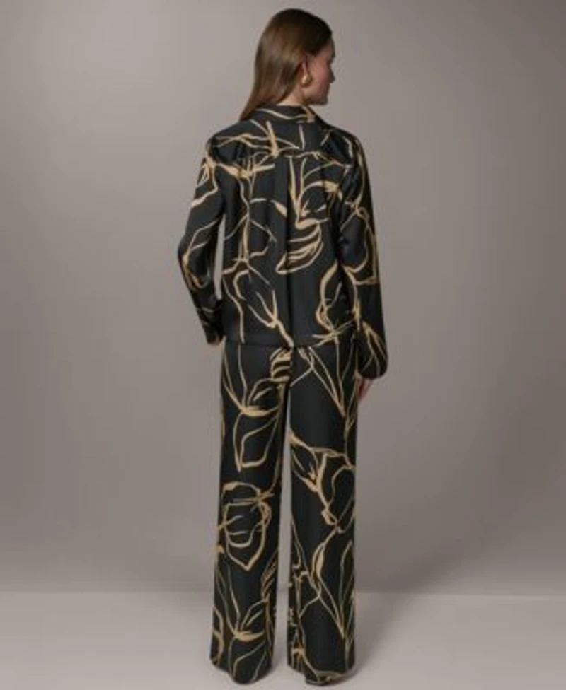 Donna Karan New York Womens Button Up Top Printed Wide Leg Pull On Pants