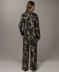 Donna Karan New York Womens Button Up Top Printed Wide Leg Pull On Pants