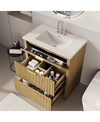 gaomon Fluted Bathroom Vanity with Sink, Farmhouse Freestanding Cabinet with 2 Drawers and Flip-Down Storage, Space-Saving for Small Bathroom