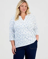 Style & Co Plus Vine Floral Split-Neck 3/4-Sleeve Tunic, Macy's Exclusive