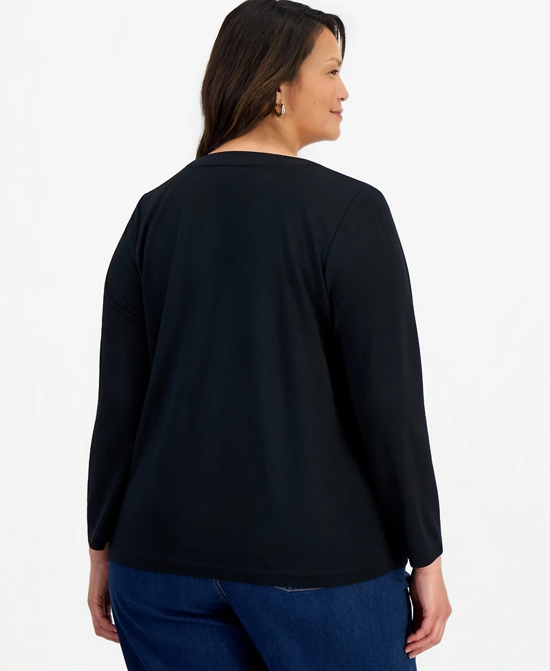 Style & Co Plus Luxsoft Ft Split V-Neck Long-Sleeve Top, Macy's Exclusive