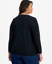 Style & Co Plus Luxsoft Ft Split V-Neck Long-Sleeve Top, Macy's Exclusive