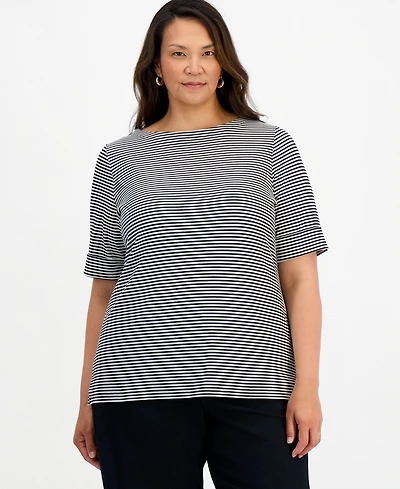 Style & Co Plus Printed Boat-Neck Elbow-Sleeve Top, Macy's Exclusive