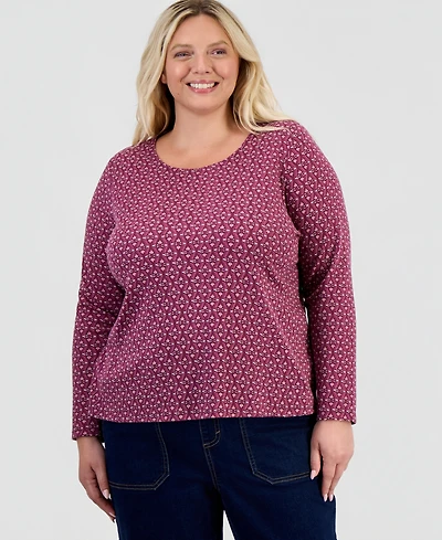 Style & Co Plus Printed Long-Sleeve Scoop-Neck Top, Macy's Exclusive