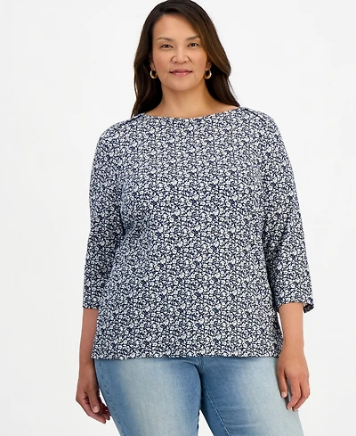 Style & Co Plus Pima Knit Nala Garden Floral 3/4-Sleeve Boatneck T-Shirt, Macy's Exclusive