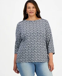 Style & Co Plus Pima Knit Nala Garden Floral 3/4-Sleeve Boatneck T-Shirt, Macy's Exclusive