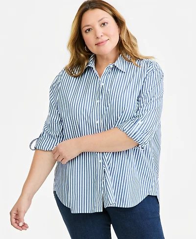 Style & Co Plus Cotton Striped Button-Front Long-Sleeve Shirt, Macy's Exclusive