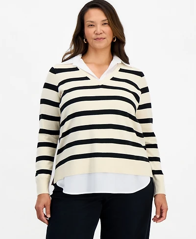 Style & Co Plus Stripe Two-Fer Long-Sleeve Sweater, Macy's Exclusive