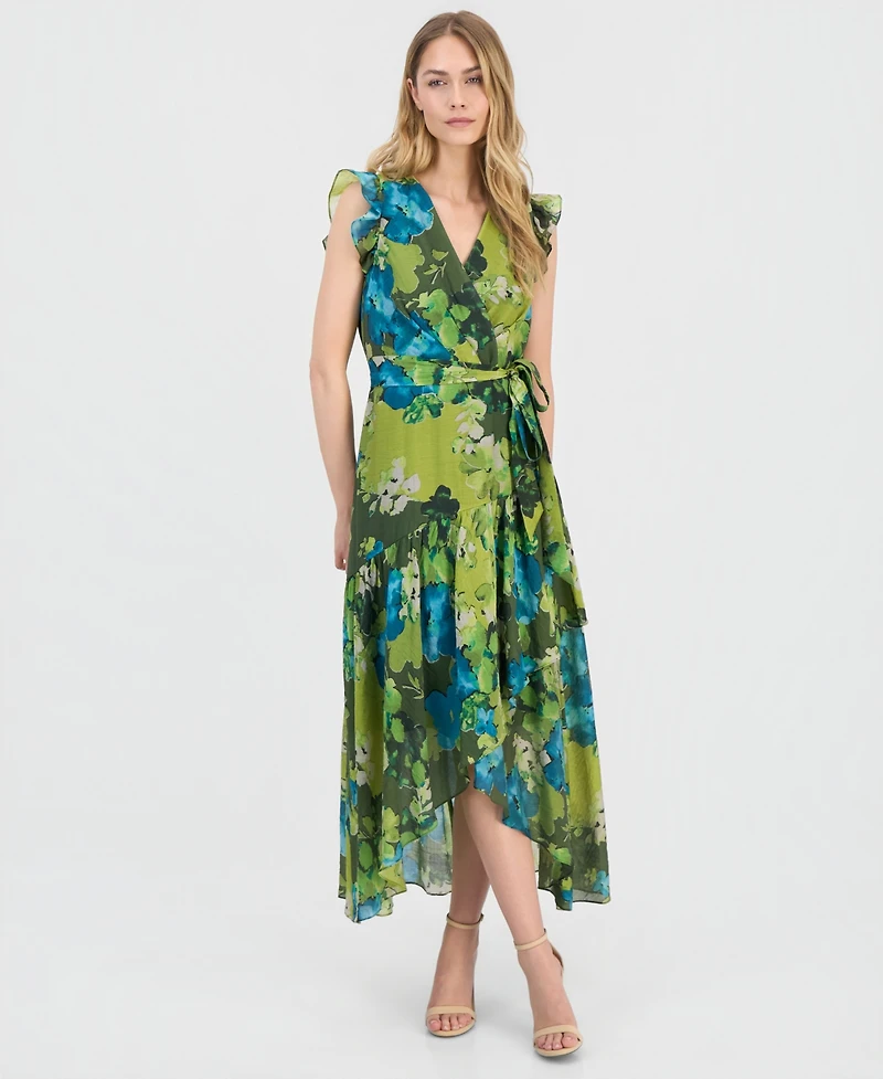 Anne Klein Women's Floral-Print Chiffon Tie-Waist Midi Dress