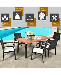 Gymax 7PCS Patio Rattan Dining Set Wooden Table Top Cushioned Chair Garden