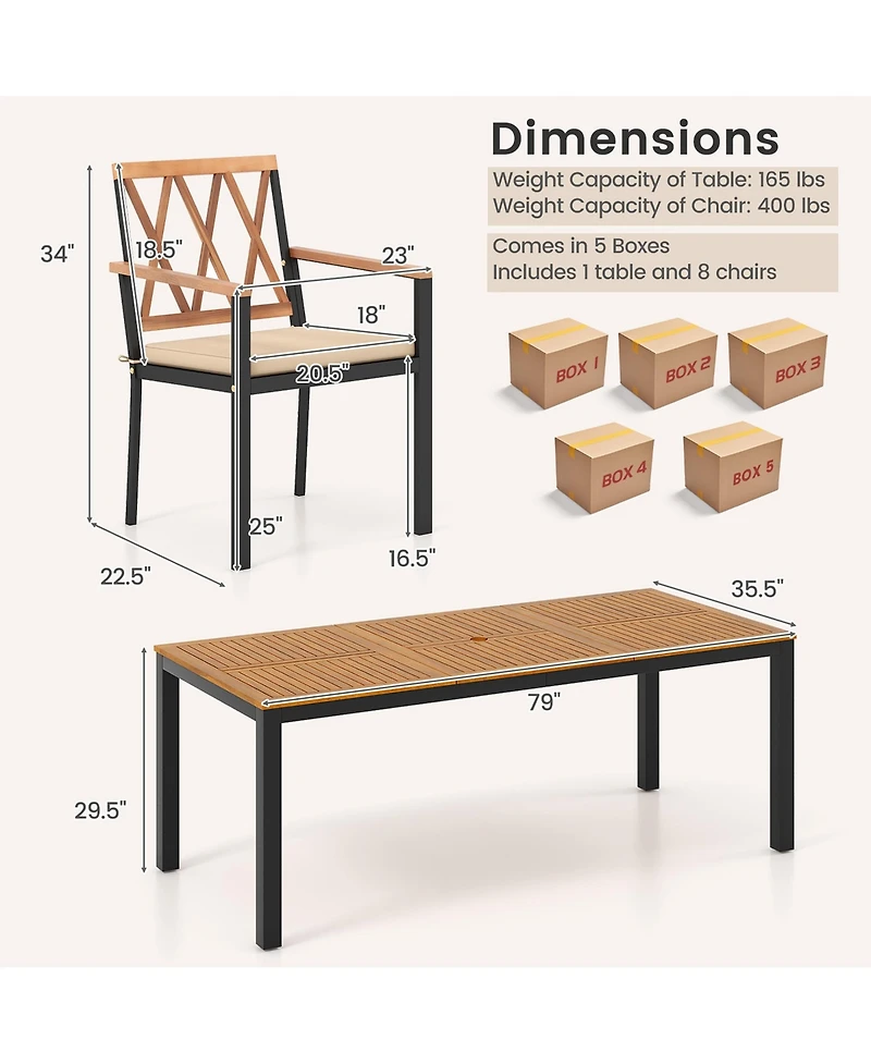 Gymax 9 Pcs Outdoor Dining Table and Chairs Set Table w/ Acacia Wood Top Umbrella Hole