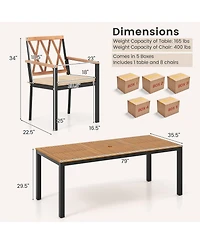 Gymax 9 Pcs Outdoor Dining Table and Chairs Set Table w/ Acacia Wood Top Umbrella Hole
