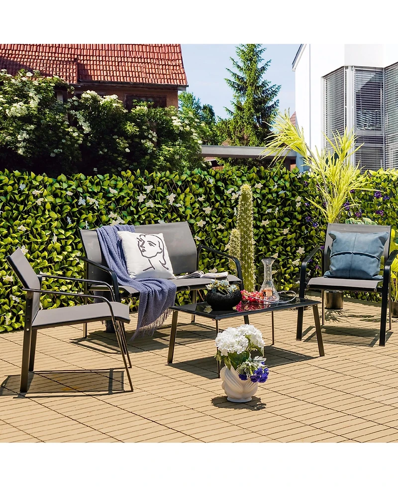 Costway 4 Pcs Patio Furniture Set Loveseat Sofas Armrest Glass Table Deck