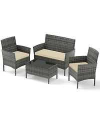 Sugift 4-Piece Outdoor Wicker Conversation Set with Tempered Glass Table