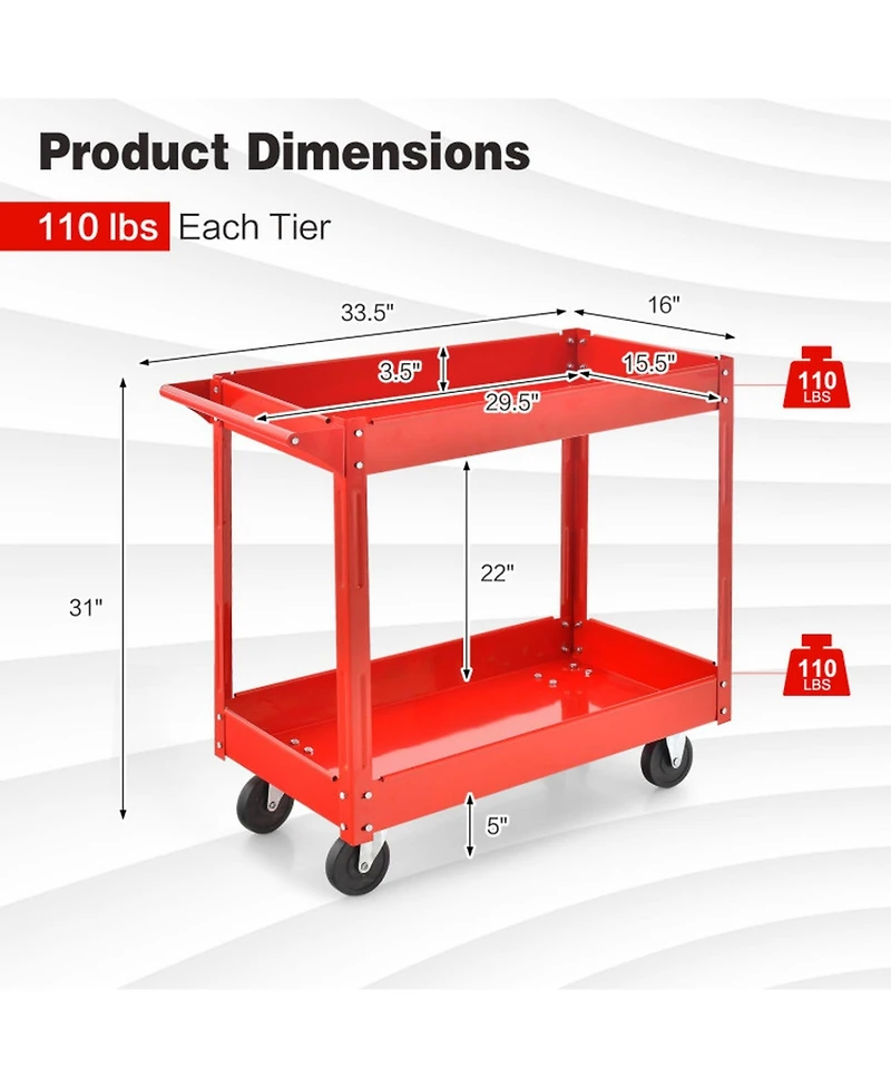Gouun Heavy-Duty 2-Tier Rolling Metal Utility Cart with 220-lb Capacity