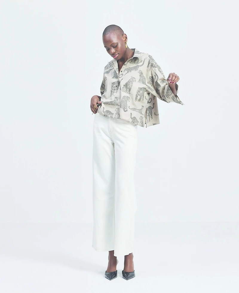 Reistor Women's Oversized Cropped Button-down Shirt Animal Print