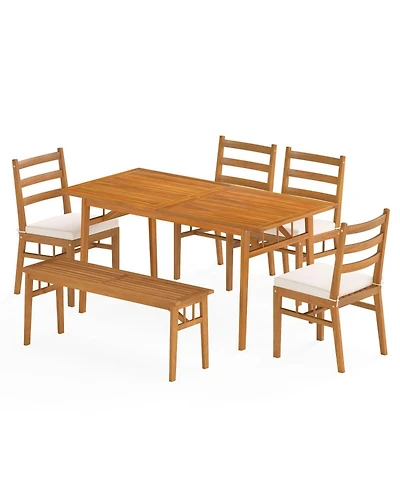 Sugift 6-Piece Patio Acacia Wood Dining Set with Bench Rectangular Table and Chairs