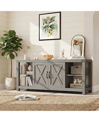 Farmhouse Tv Stand with X-Shaped Metal Frame, Adjustable Shelves and Storage Cabinets