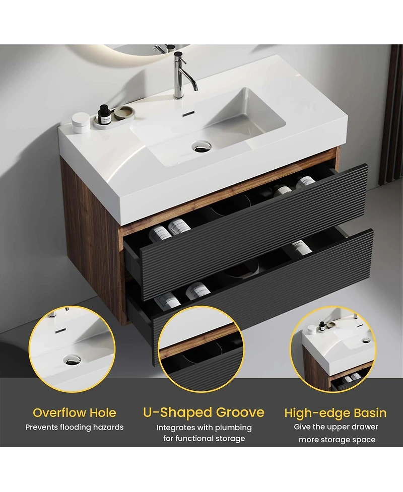 Sillysis Wall Mounted Bathroom Vanity with Glossy Sink, Double Soft Close Drawers, Floating Mid Century Modern Storage