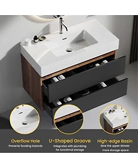Sillysis Wall Mounted Bathroom Vanity with Glossy Sink, Double Soft Close Drawers, Floating Mid Century Modern Storage