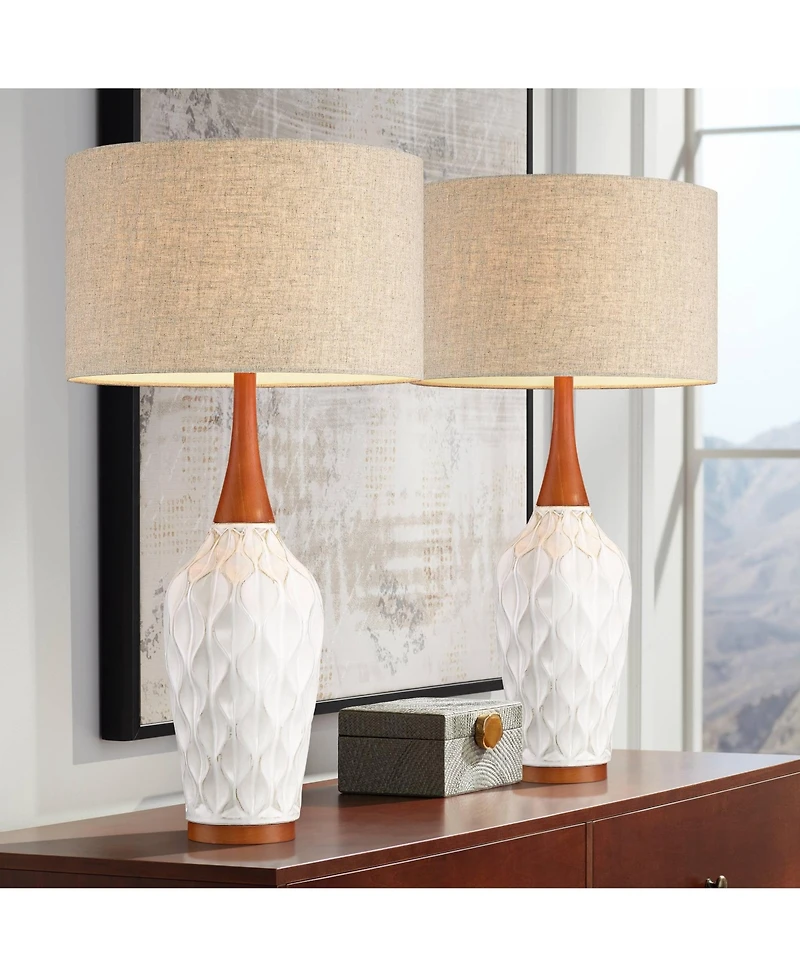 360 Lighting Rocco Modern Mid Century Table Lamps Tall Set of 2 White Ceramic Tan Fabric Drum Shade for Bedroom Living Room Bedside Nightstand