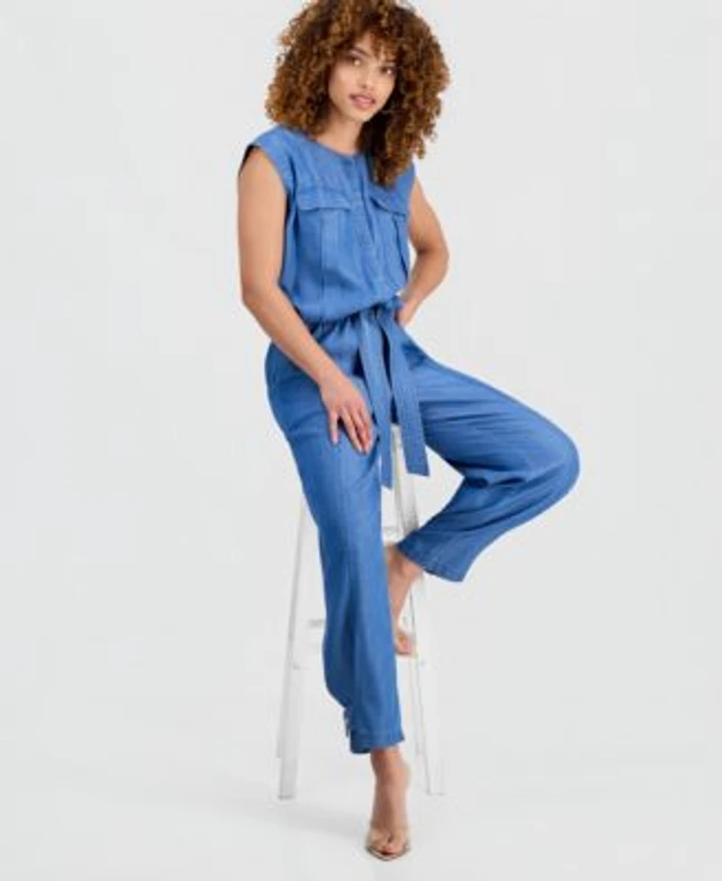 I.N.C. International Concepts Petite Chambray Drop Shoulder Top High Rise Belted Tapered Pants Macys Exclusive