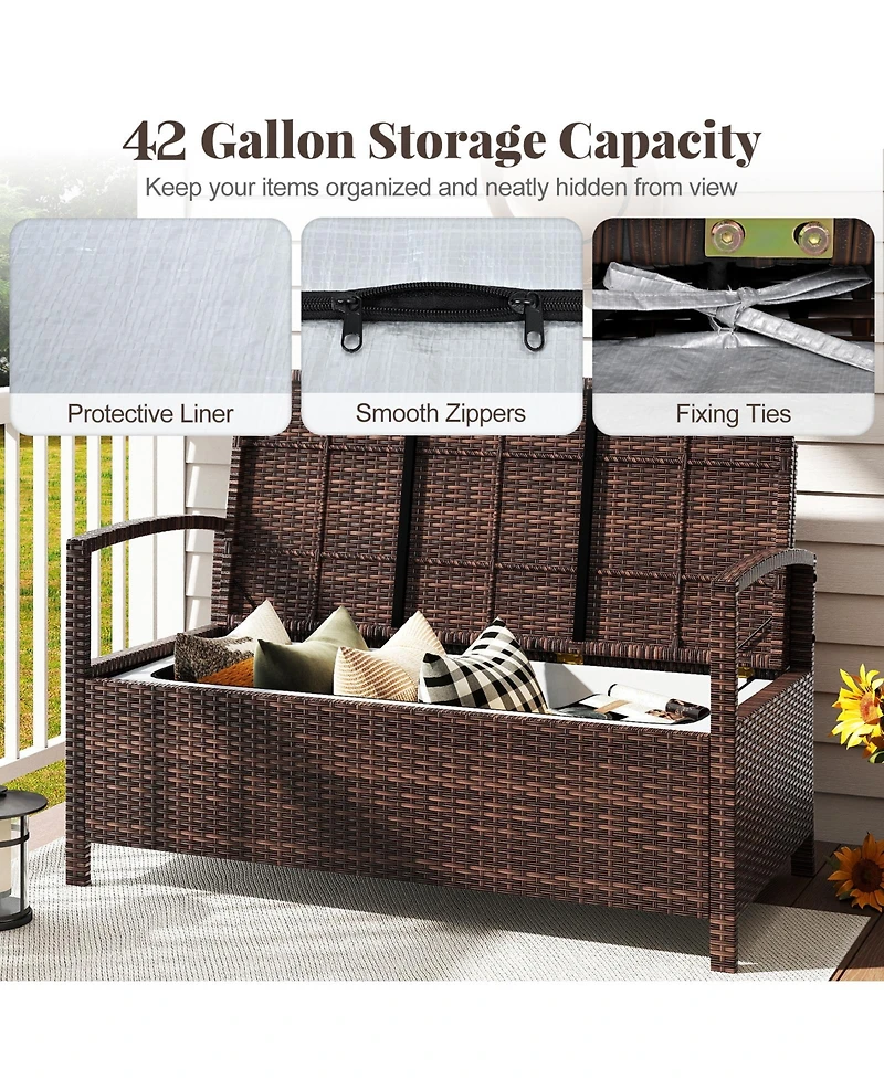 Gouun 2-Seater Pe Wicker Storage Bench with Cushion and 42-Gallon Deck Box