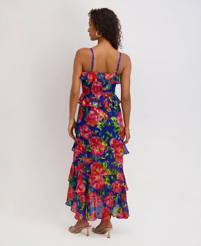 Siena Women's Printed Sweetheart Neck Ruffle Detail Maxi Dress