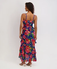 Siena Women's Printed Sweetheart Neck Ruffle Detail Maxi Dress