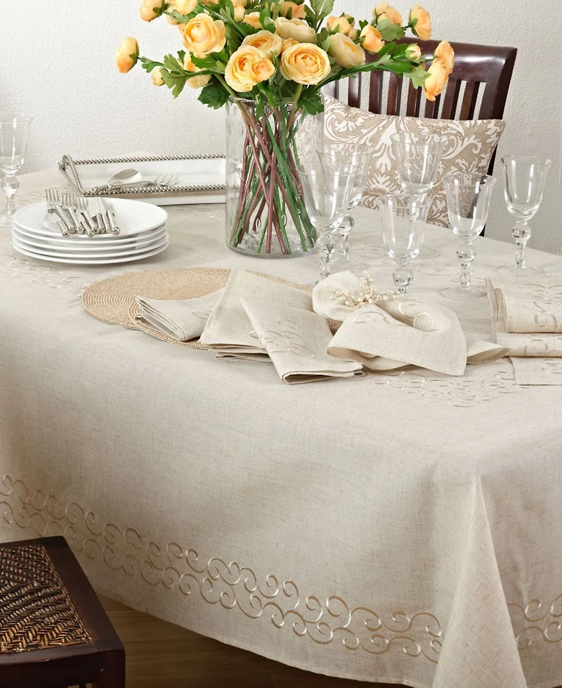 Saro Lifestyle Embroidered Swirl Design Linen Blend Runner