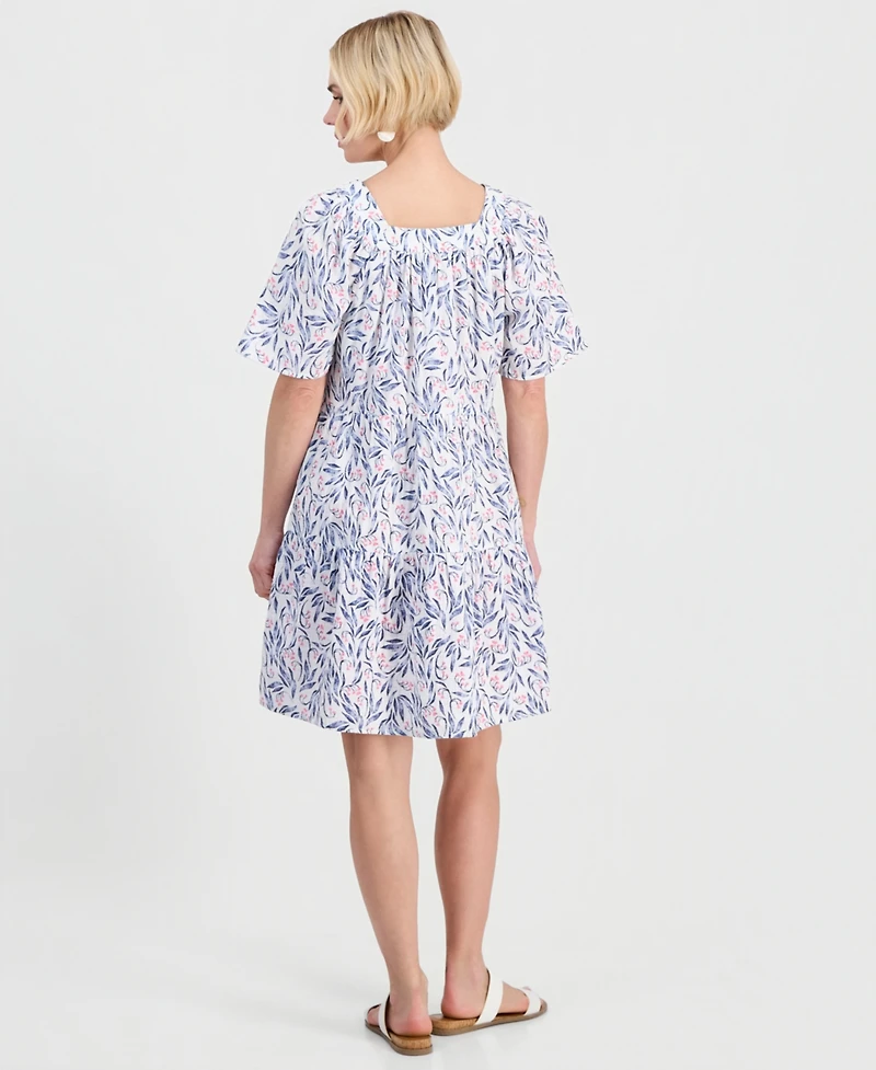 Style & Co Petite Printed Square-Neck Short-Sleeve Cotton Dress, Macy's Exclusive