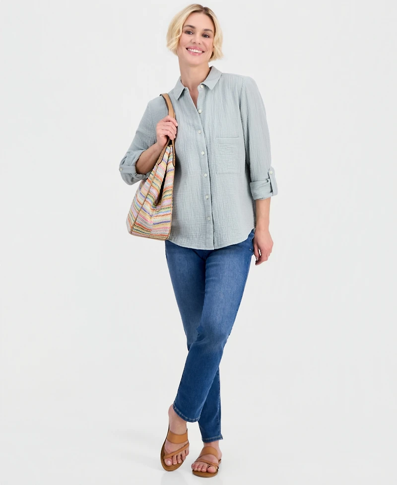 Style & Co Petite Perfect Button-Front Roll-Tab Cotton Shirt, Macy's Exclusive