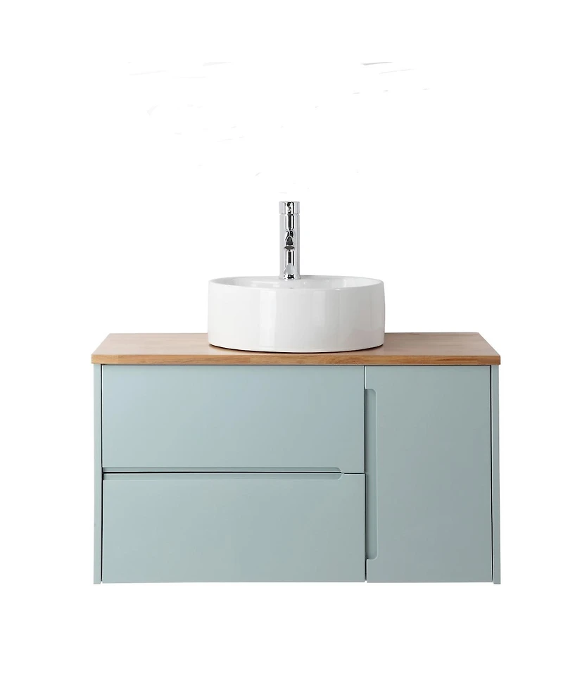 Sillysis Wall Mounted Vanity with Solid Wood Top, Double Drawers and Single Door, Round Ceramic Sink, Modern Minimalist Design