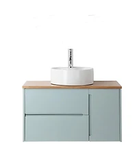Sillysis Wall Mounted Vanity with Solid Wood Top, Double Drawers and Single Door, Round Ceramic Sink, Modern Minimalist Design