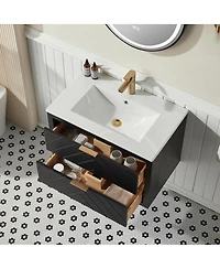 Sillysis Wall Mounted Floating Vanity with Ceramic Sink, Fully Assembled Plywood Cabinet, 2 Drawers for Small Spaces