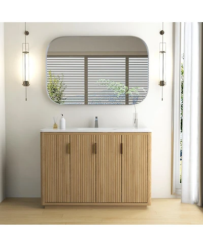 Sillysis Modern Bathroom Vanity with Integrated Ceramic Sink, Striped Wood Four Doors, Large Storage Cabinet for Contemporary Home