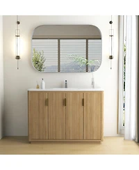 Sillysis Modern Bathroom Vanity with Integrated Ceramic Sink, Striped Wood Four Doors, Large Storage Cabinet for Contemporary Home
