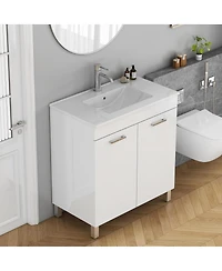 Sillysis Glossy White Freestanding Bathroom Vanity with Ceramic Sink, Soft Close Doors, Adjustable Shelf for Storage