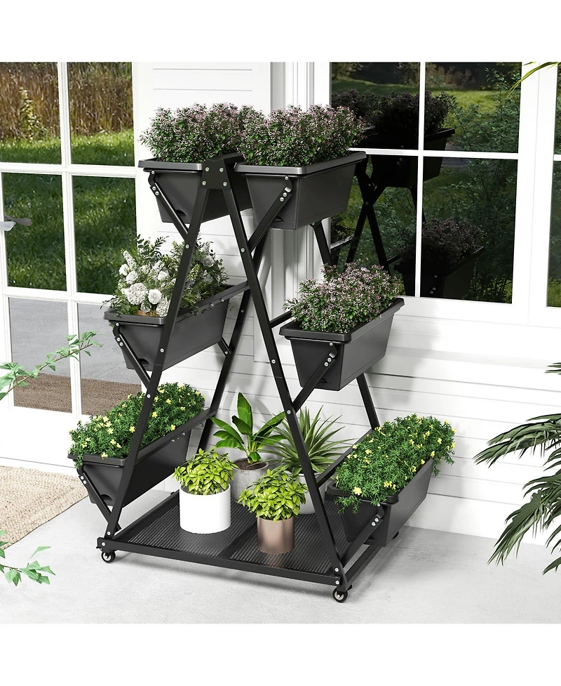 Slickblue 3-Tier Vertical Raised Garden Bed with 4 Wheels and 6 Container Boxes-Black