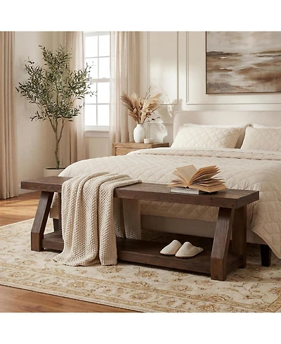 Tribesigns 63" Solid Wood Bench, 2-Tier Entryway Bench with Shoe Storage, Rustic Hallway Accent Benches