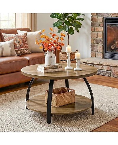 Tribesigns Round Coffee Table, 31.5" Wooden Center Table with 2-Tier Storage Shelves, Farmhouse Small Circle Cocktail Table