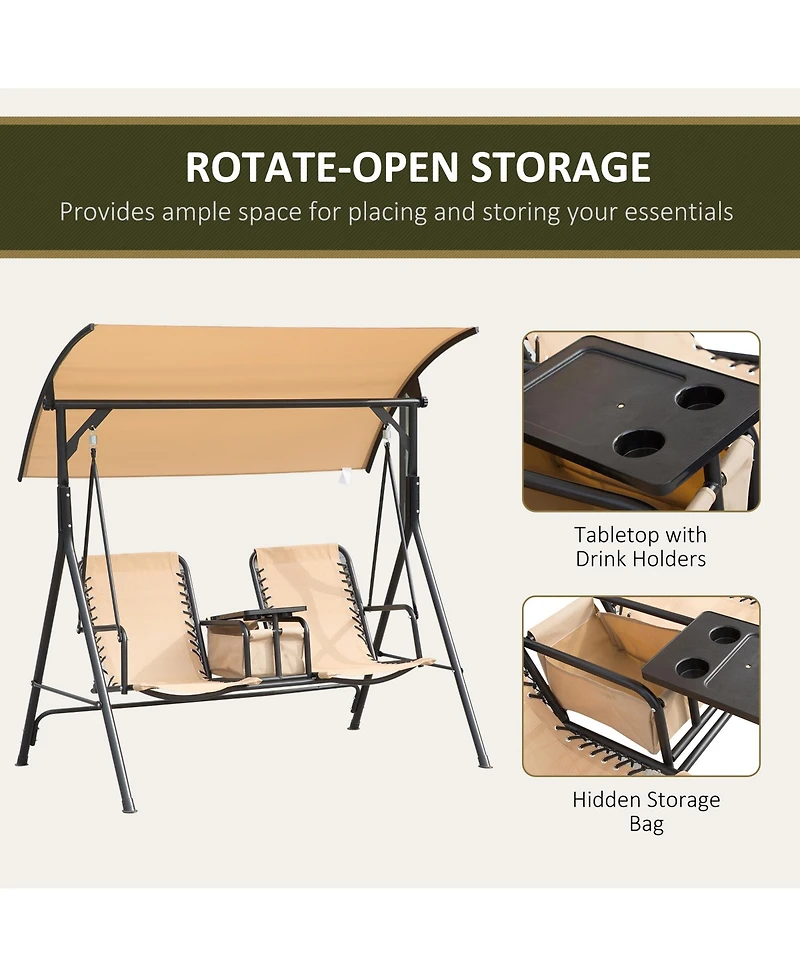 Outsunny 2-Seat Patio Swing Chair, Outdoor Canopy Swing Glider with Pivot Storage Table, Cup Holder, Adjustable Shade