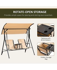 Outsunny 2-Seat Patio Swing Chair, Outdoor Canopy Swing Glider with Pivot Storage Table, Cup Holder, Adjustable Shade