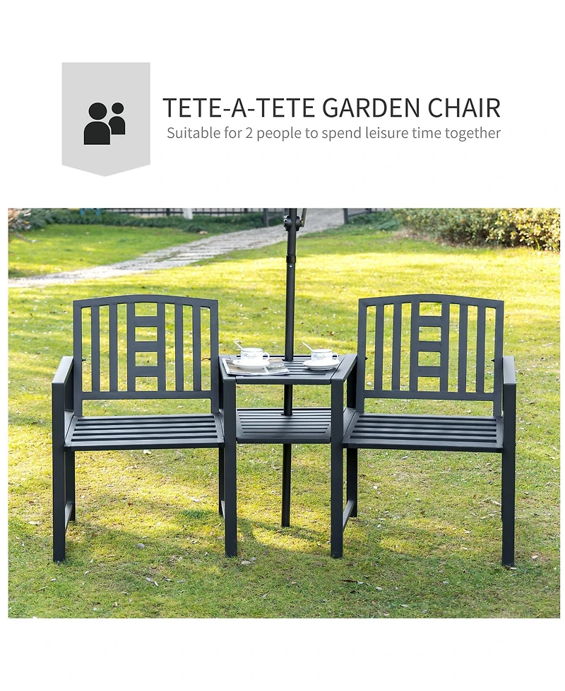 Outsunny Metal Garden Bench with Center Table and Umbrella Hole