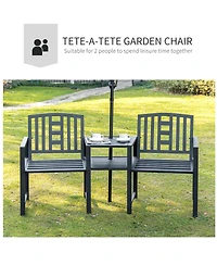Outsunny Metal Garden Bench with Center Table and Umbrella Hole