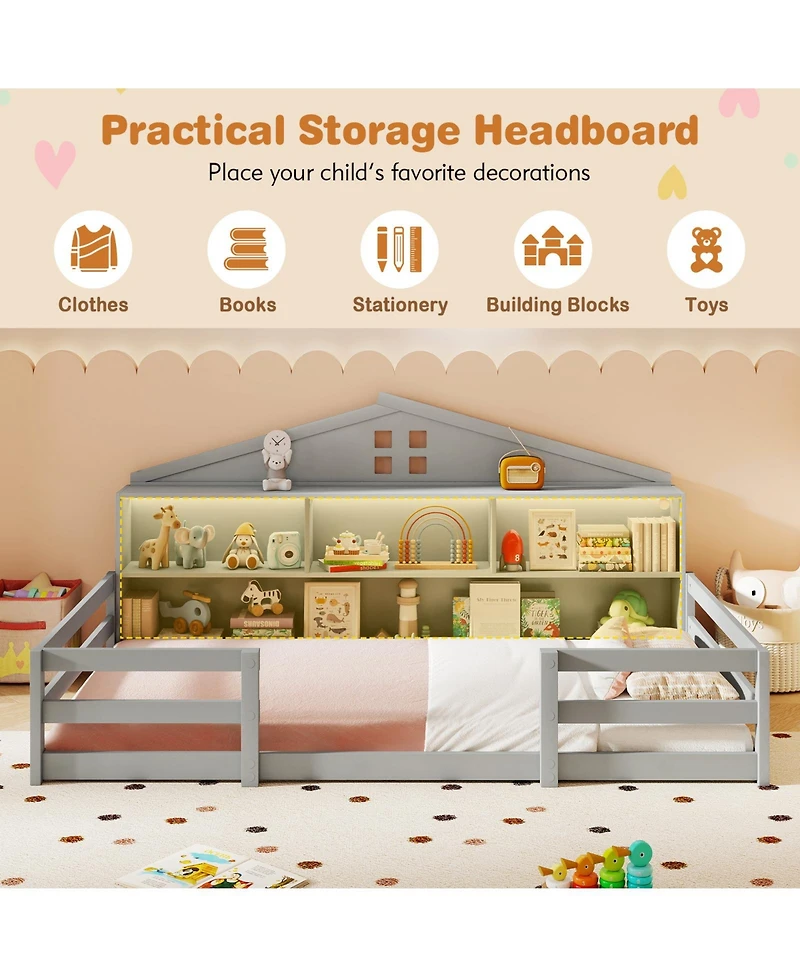 Slickblue Montessori Floor Bed with Storage Shelves and Compartments for Toddler Bedroom