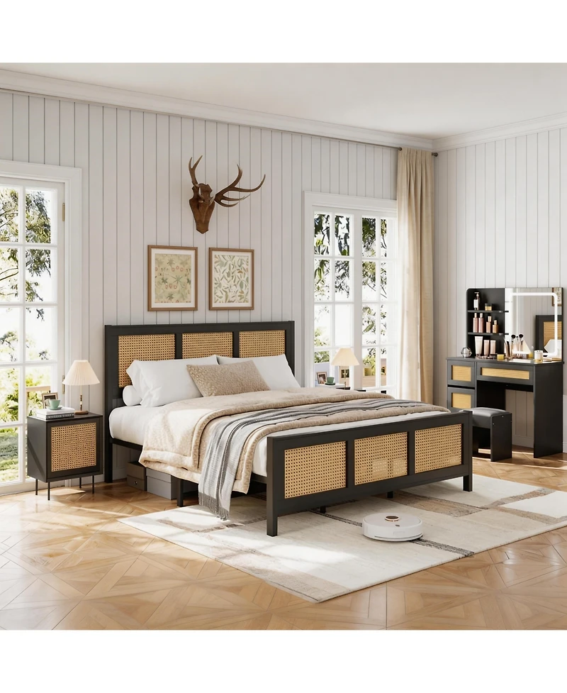 homfan Rattan Bed Frame with Sturdy Metal Slats, Noise-Free, No Box Spring
