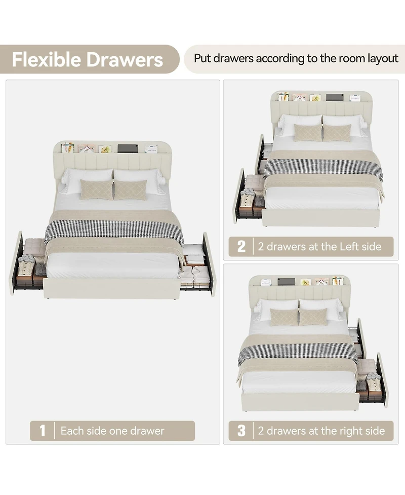 Homfan Twin Bed Frame with 2 Drawers, Boucle Upholstered Bookcase Headboard, Kids Bed, Easy Assembly, No Box Spring